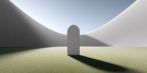 Minimalist sculpture in vast modern landscape with curved architecture and soft light