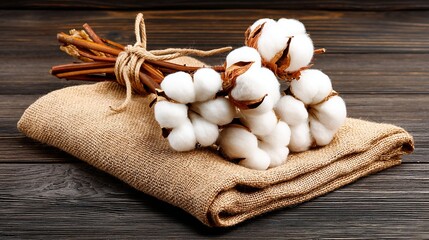 Naklejka premium Cotton bolls tied with twine rest on a folded burlap cloth, placed on a wooden surface, highlighting natural textile fibers and rustic textures
