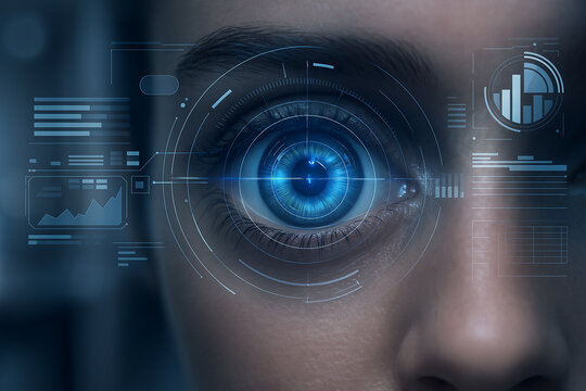 AI generated closeup of a human eye with advanced digital interface graphs and HUD elements representing futuristic data control system with cyber technology focus