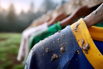 Muddy soccer jerseys hanging outdoors after intense game
