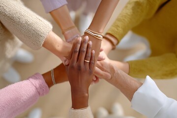 Diverse hands joined together in unity and teamwork
