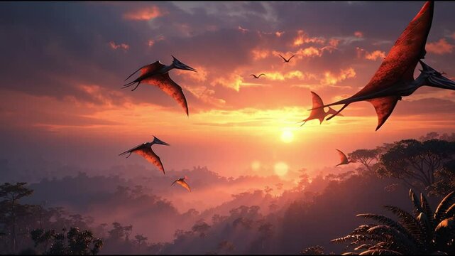 Sunset Flight: Prehistoric flying reptiles soar majestically against a vibrant sunset, painting a stunning panorama of a bygone era, evoking a sense of wonder and timelessness.
