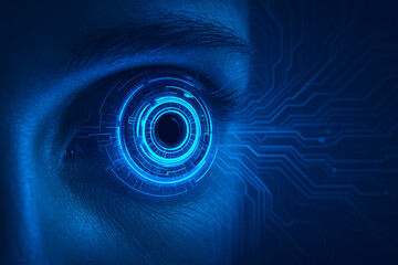 AI generated side view of a human eye with glowing concentric digital rings and futuristic circuit lines representing advanced cybernetic vision and artificial intelligence