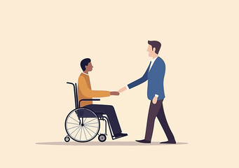 Fototapeta premium Business professional shaking hands with wheelchair user candidate illustrating workplace diversity inclusion and equal employment opportunity concept in flat design