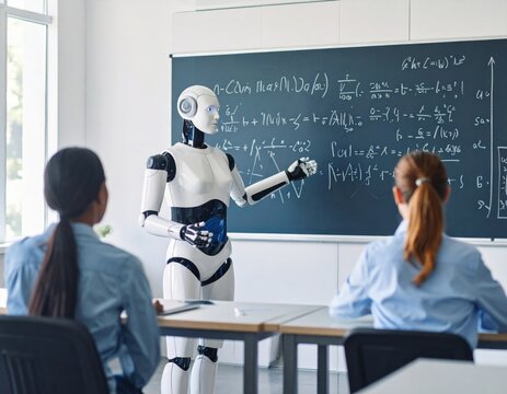 Humanoid robot teacher explaining mathematical equations on blackboard to students in modern classroom setting - Powered by Adobe