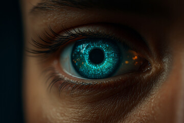 AI generated extreme close up of a human eye enhanced with glowing digital circuits and binary details showing advanced scanning technology in a futuristic interface