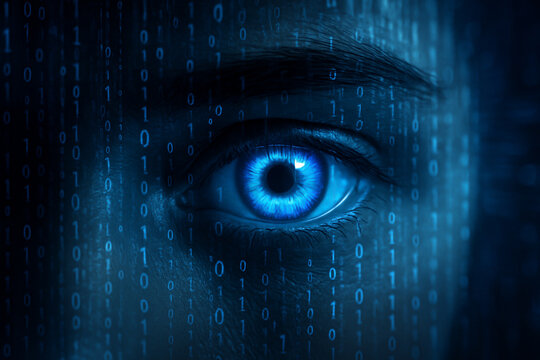 AI generated hyperrealistic image of a glowing blue human eye surrounded by digital binary code representing artificial intelligence surveillance and futuristic data processing system