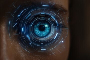 AI generated extreme closeup of a human eye featuring detailed iris and digital HUD interface elements suggesting real time analysis futuristic technology and human AI integration