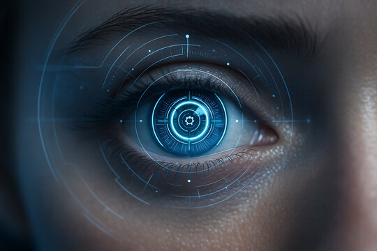 AI generated closeup of a human eye enhanced with digital circuits glowing in blue tones representing intelligence observation and futuristic technology