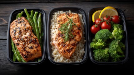 Healthy Meal Prep Containers Offer Salmon with Green Beans Rice Broccoli Tomatoes and Lemon for Balanced Nutritious Diet Portion Control and Easy Eating
