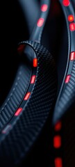 Abstract close-up of undulating black carbon fiber ribbons with embedded red LED strips