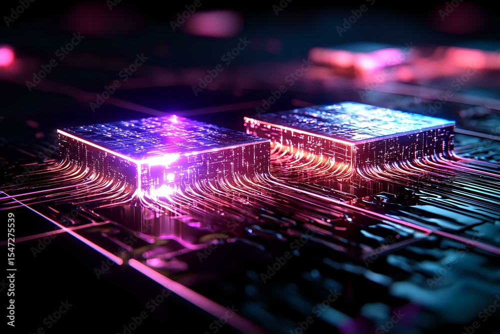 Poster glowing microprocessor chips on circuit board with purple and blue neon lights creating futuristic t