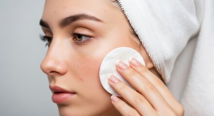 Young woman cleansing face with cotton pad skincare routine