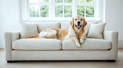 Happy Golden Retriever lying on comfortable beige couch in bright modern living room with large window, showing relaxed and friendly expression.
