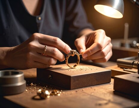 Close-up of a jeweler's hands meticulously working on a gold ring with a diamond, illuminated by a warm workshop lamp.