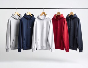 A collection of five blank hooded sweatshirts in various colors (grey, navy, white, red, black) hanging on a rail against a clean white background, ideal for apparel mockups.