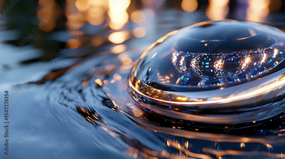 Poster mesmerizing water drop macro photography with golden bokeh lights reflecting on rippled surface crea