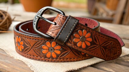 Detailed handcrafted leather belt with floral design on wooden table in a cozy workshop setting