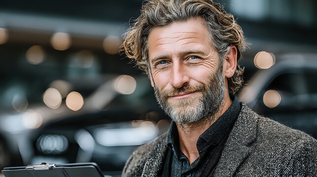 Mature bearded man with gray hair smiling confidently while holding professional camera outdoors. Natural bokeh background creates atmospheric business portrait.
