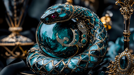 Mystical turquoise snake coiled around crystal ball with ornate metallic details and magical elements against dark background, fantasy concept art for spiritual designs.
