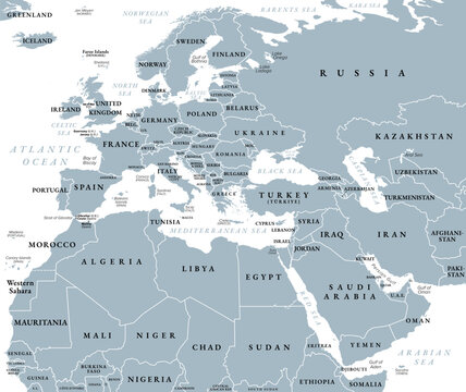 Europe, Middle East, and North Africa, gray political map with international borders. Overview of continent Europe, geopolitical region Middle East, and the northern portion of the African continent.
