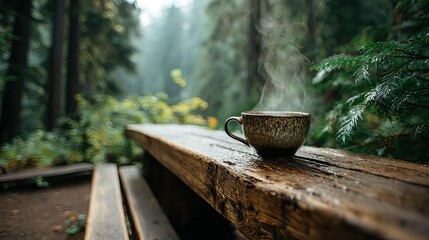 Travel coffee stop with daily quiet moment concept. A steaming cup of tea placed on a wooden table in a forest.