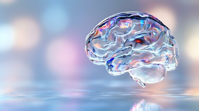 Translucent crystal brain model with pink and blue reflections floating above mirrored surface against soft bokeh background, medical science concept.