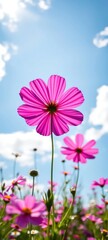 a vibrant wildflower meadow under a bright blue sky with scattered clouds