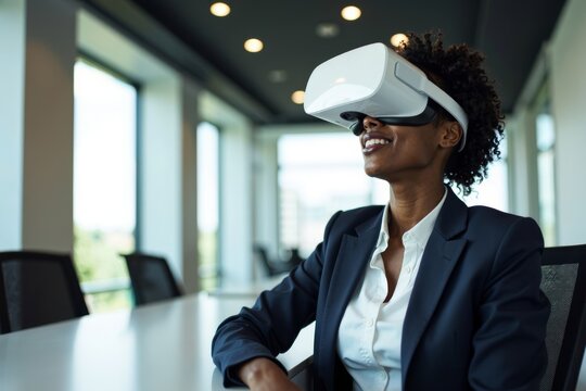 African Businesswoman Embracing Virtual Reality Technology in Conference Room.