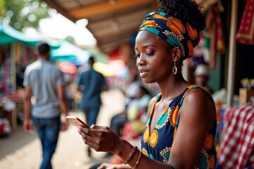 of an African businesswoman in a vibrant street market, engrossed in filling out a mobile survey amid a crowd of vendors and customers.