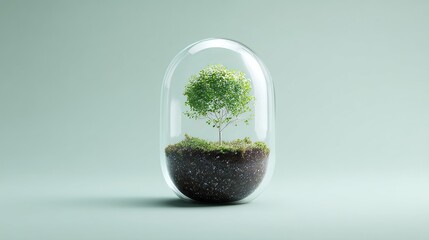 A glass dome protects a miniature globe that sits atop fertile ground, where tiny shoots are beginning to emerge, representing a commitment to the environment and the potential for renewal