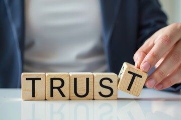 Woman's Hand Placing the Letter T on a Stack of Wooden Blocks to Form the Word TRUST