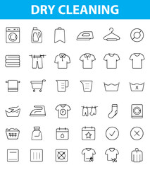 Dry Cleaning Line Icons, Hanger, Shirt, Washing Machine, Iron, Steam, Tag, Detergent, Stain,  fabric tag, stain remover, clothes rack, folded clothes, Provided in editable EPS and transparent PNG form