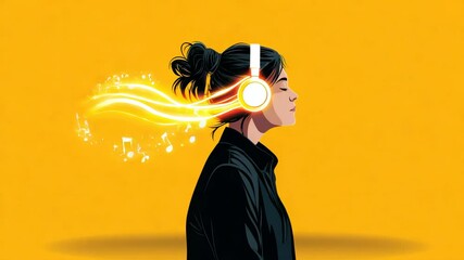 Young woman with black hair bun wearing large headphones, black jacket, closed eyes, listening to music with glowing sound waves and musical notes vibrant yellow background, peaceful digital