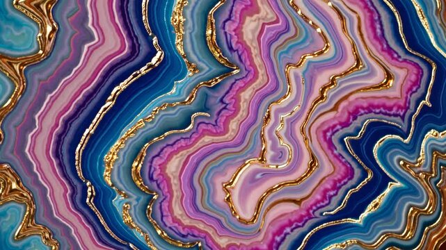 Colorful abstract geode pattern with vibrant layers of blue, pink, purple, gold, and black, gemstone texture, modern mineral art, natural stone background, creative design, luxury decor, vivid agate s
