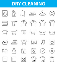 Dry Cleaning Line Icons, Hanger, Shirt, Washing Machine, Iron, Steam, Tag, Detergent, Stain,  fabric tag, stain remover, clothes rack, folded clothes, Provided in editable EPS and transparent PNG form