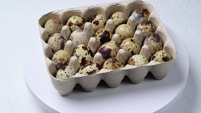 Rotating display of fresh speckled quail eggs in carton for organic culinary creations