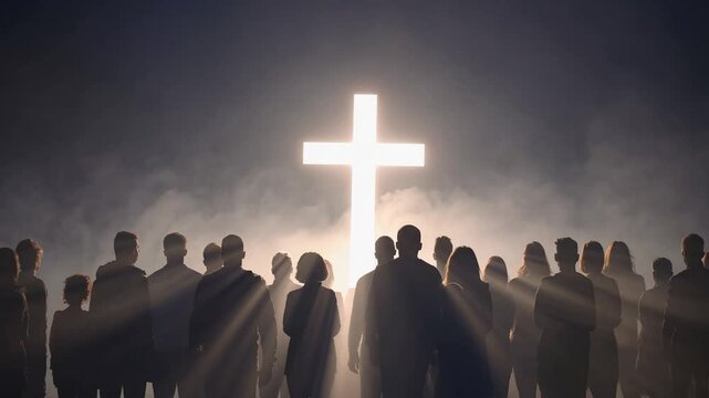 Large group of people in fog facing glowing cross, Christian symbolism of hope, spiritual faith, religious worship, afterlife vision, unity, enlightenment, devotion, mystical inspiration, sacred light