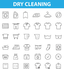 Dry Cleaning Line Icons, Hanger, Shirt, Washing Machine, Iron, Steam, Tag, Detergent, Stain,  fabric tag, stain remover, clothes rack, folded clothes, Provided in editable EPS and transparent PNG form