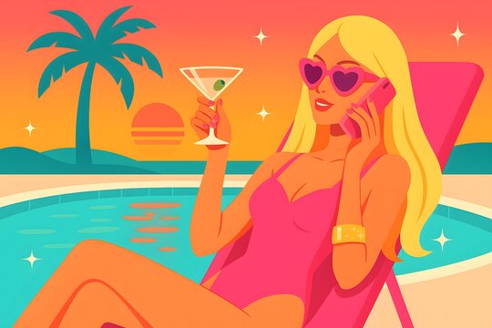Glamorous blonde heiress in a silk robe taking a selfie by the pool – AI generated