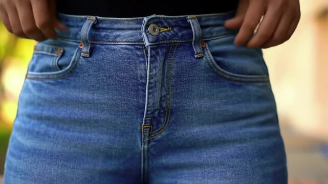 Close-up of a woman&rsquo;s hands in denim jeans, exuding casual style.