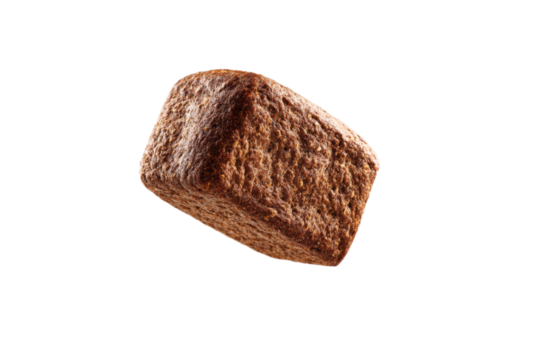 A brown block of food is floating in the air