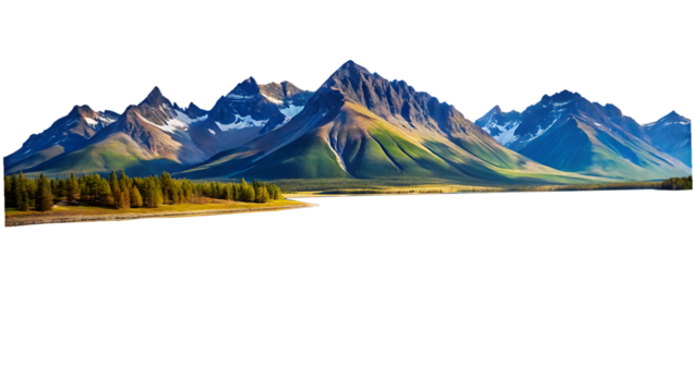 Majestic Panoramic View of a Mountain Range with a Tranquil Lake and Evergreen Forest A I G E N E R A T E D - P N G isolated on a transparent background