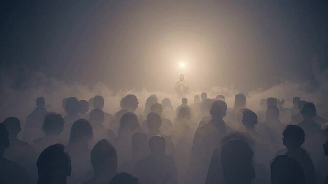 Large gathering of shadowed figures before glowing Jesus in the mist, symbolizing resurrection, divine judgment, collective awakening, and the sacred return of spiritual leadership