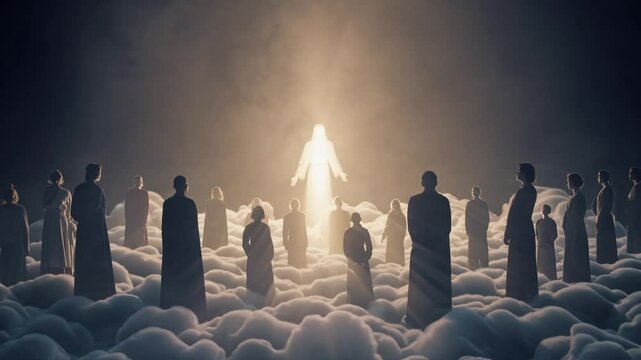 Glowing figure of Jesus Christ descending toward followers on heavenly clouds, symbolizing divine revelation, second coming, holiness, and the awe-inspiring light of sacred presence