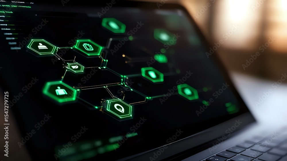 Poster glowing green molecular structure displayed on laptop screen with programming code, representing che