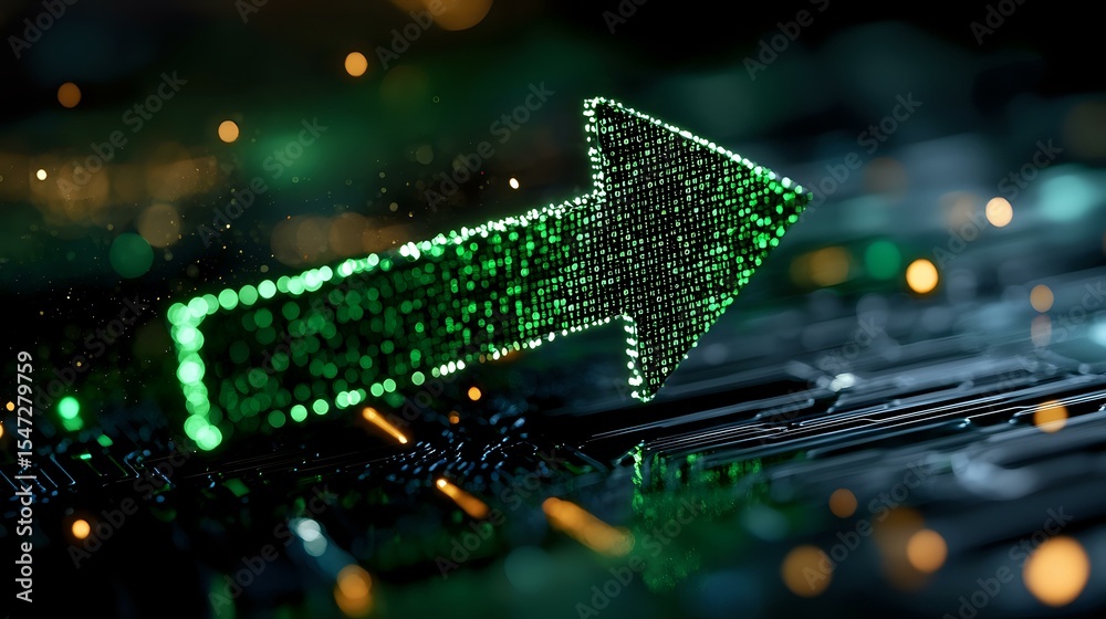 Poster glowing green digital arrow made of binary code points right on computer circuit board with bokeh li