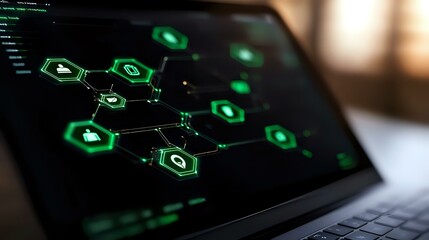 Glowing green molecular structure displayed on laptop screen with programming code, representing chemical or technological data visualization in dark setting.