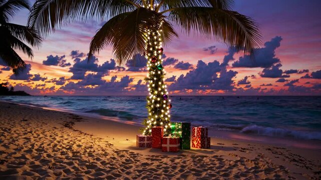 Tropical palm tree on sandy beach decorated with string lights and Christmas presents at sunset, exotic holiday celebration, festive vacation, winter getaway, Christmas on the beach, paradise escape, 