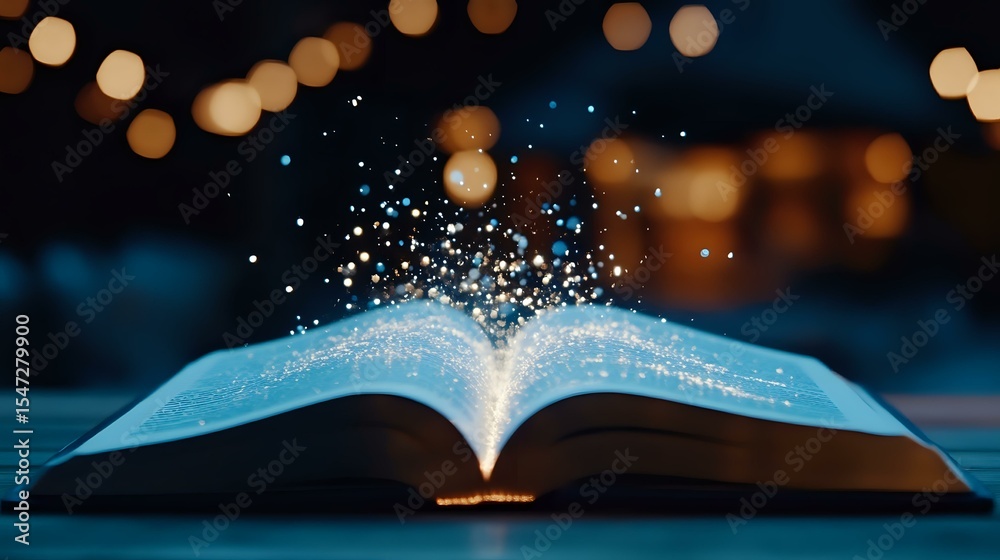 Poster open book with glowing magical sparkles rising from illuminated pages against dark background with b